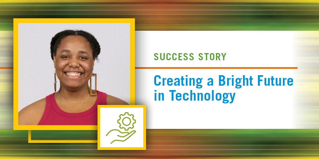 Smiling person in a red top, with headline “Success Story: Creating a Bright Future in Technology,” and a gear icon in a hand.