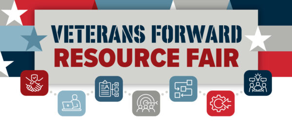 Veterans Forward Resource Fair banner with patriotic red, white, and blue design and icons representing various resources and services.