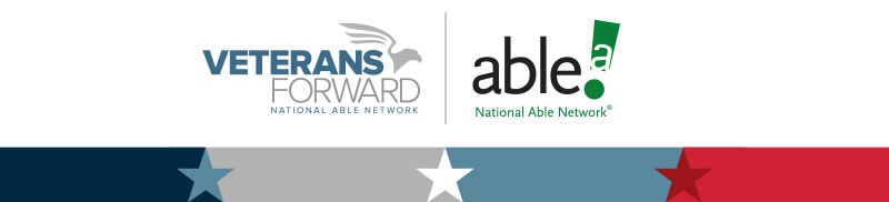 Veterans Forward and National Able Network logos on a banner, with stylized stars in gray, white, and red along the bottom edge.