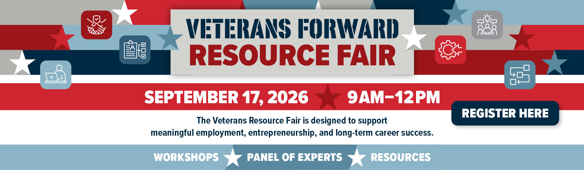 Banner promoting the Veterans Forward Resource Fair on September 17, 2026, from 9 AM to 12 PM, with registration button and event details for veterans’ employment and resources.