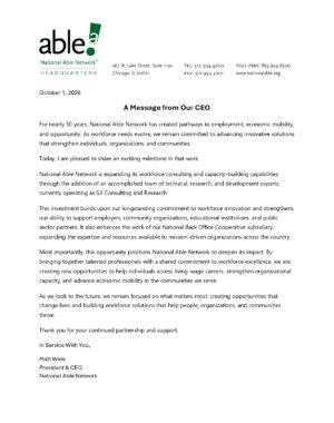 Letter on National Able Network letterhead from President & CEO Matt Weis, announcing new workforce consulting capabilities and cooperation with SJI Consulting and Research.